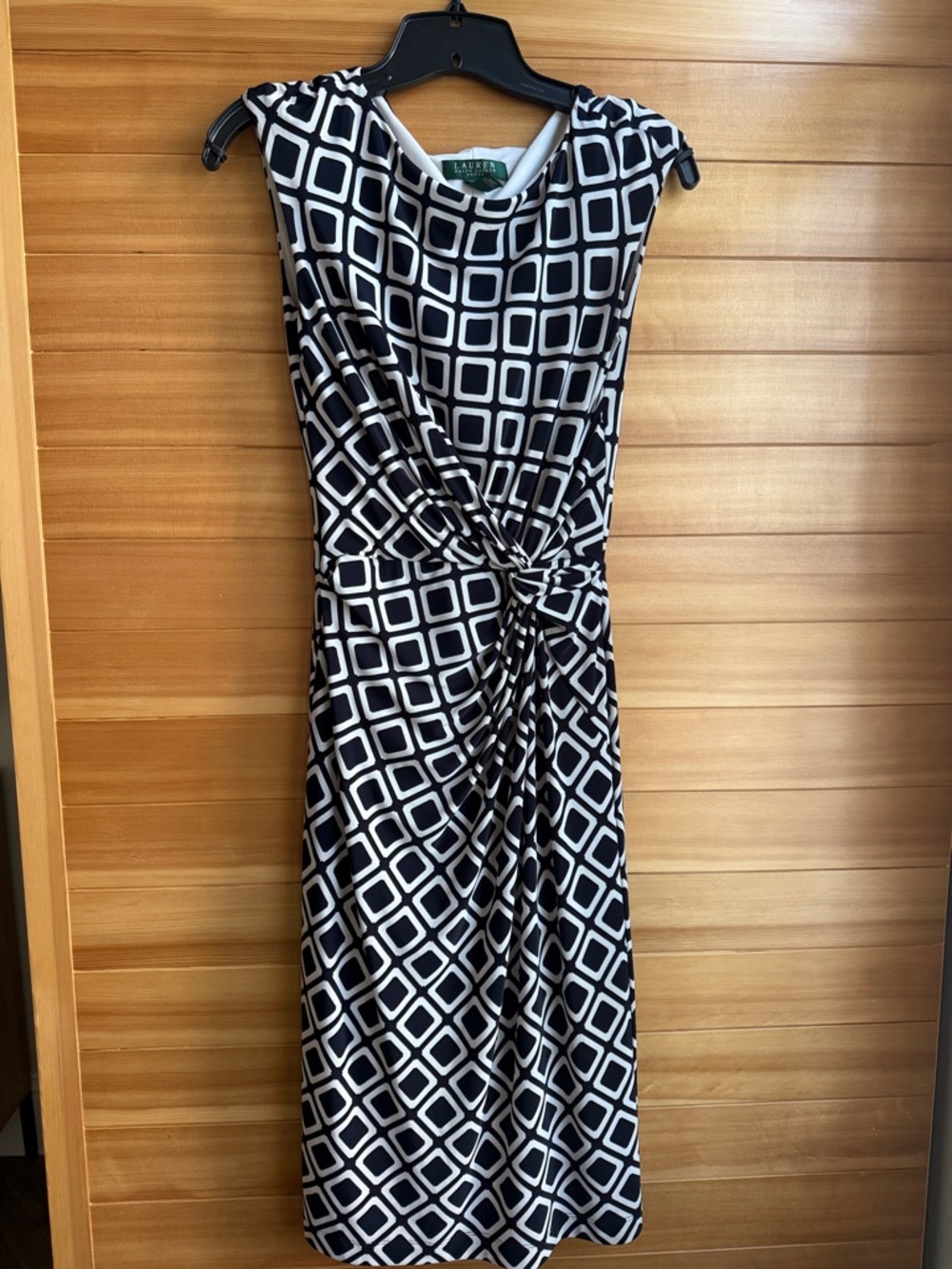 Lauren Ralph Lauren Navy and White Geometric Knot-Front Midi Dress
